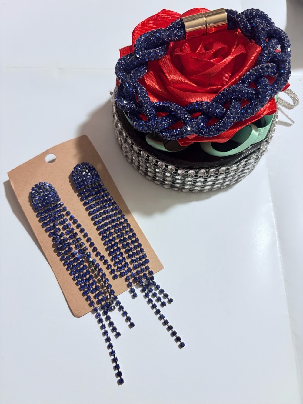 Elegant Navy Crystal Braided Bracelet and Tassel Earrings Set - Women Jewelry